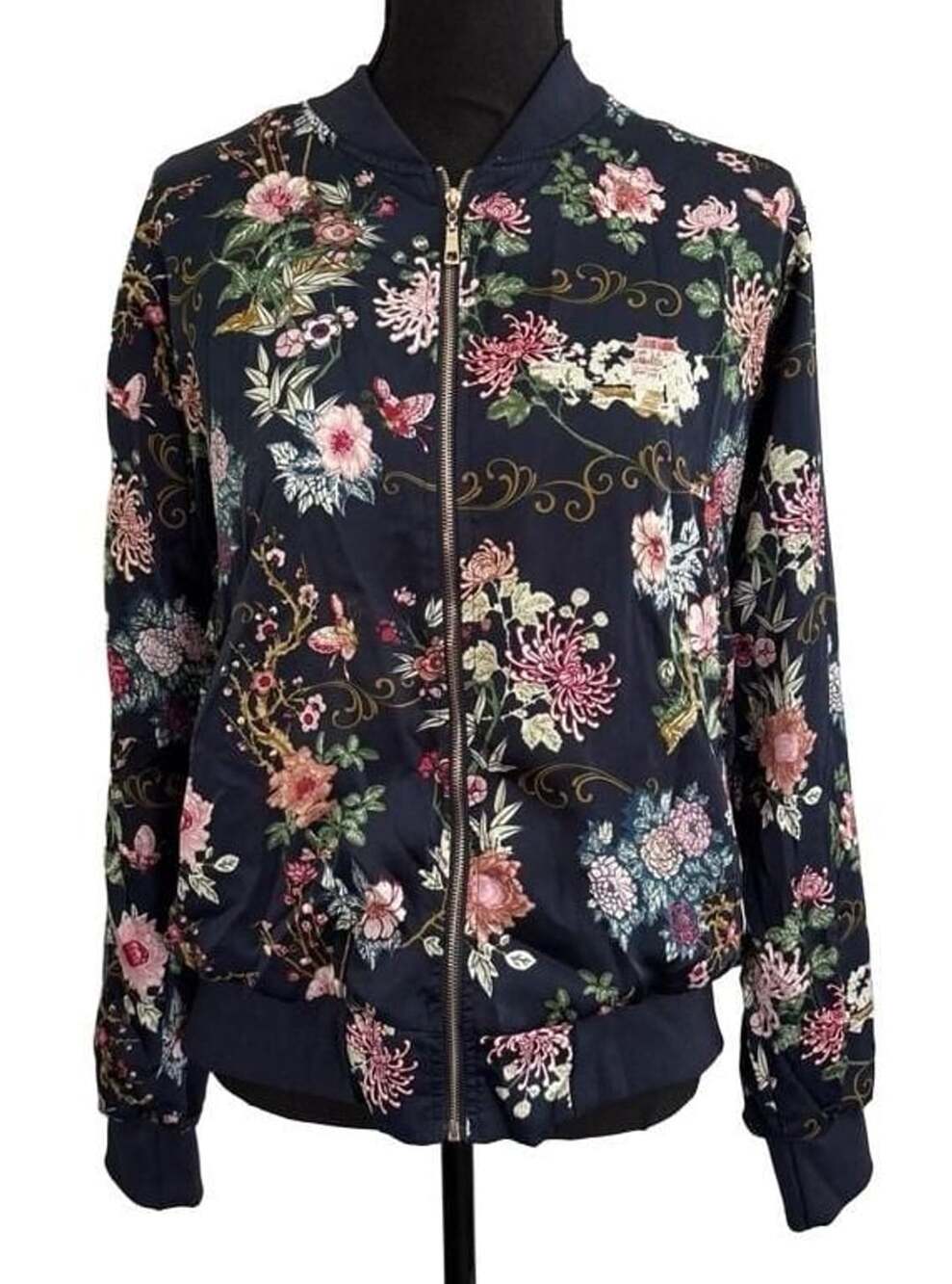 Style Me Navy Floral Oriental Pagoda Print Zip Up Bomber Jacket Size Large